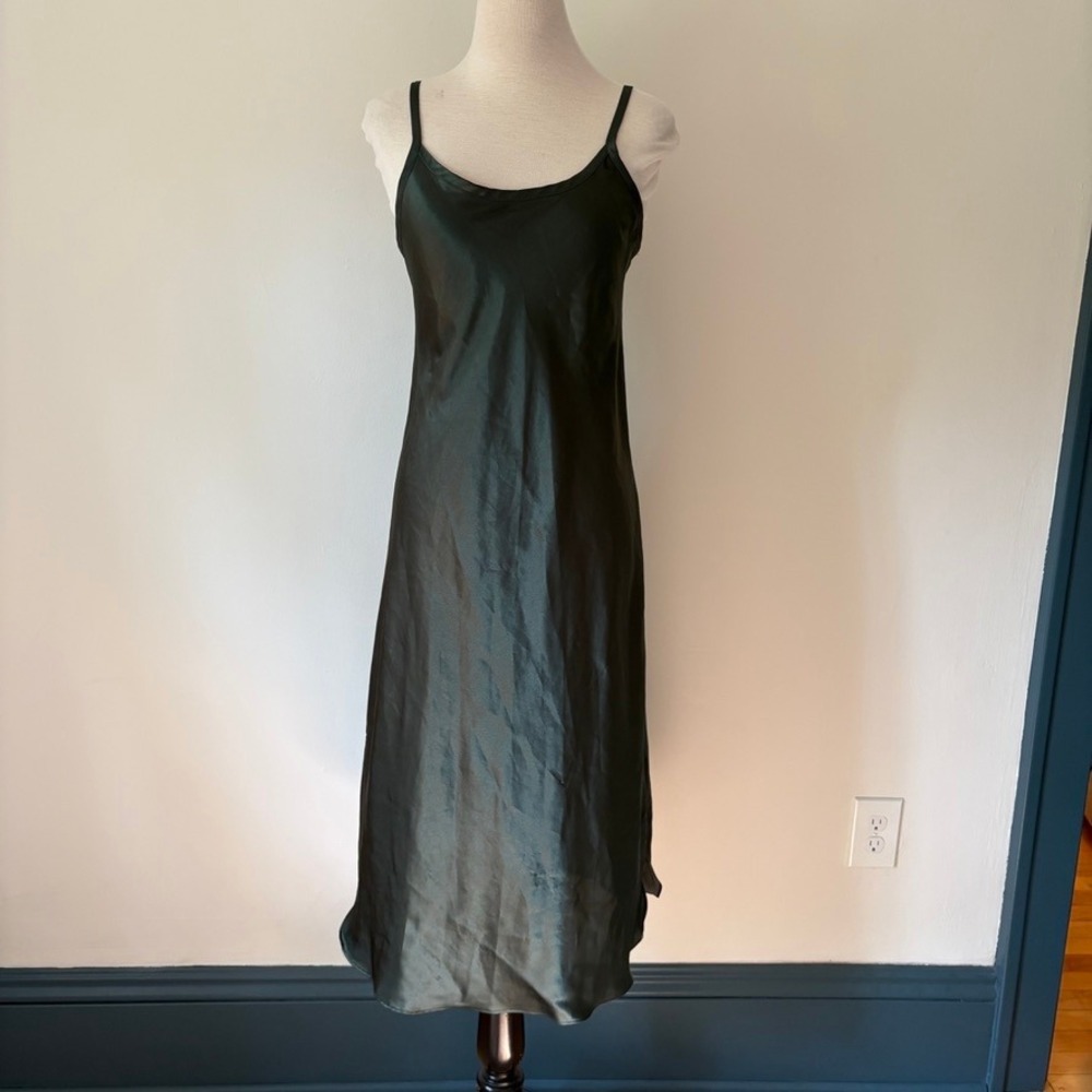 Vtg Gilligan & O'Malley Forest Green Satin Slip Dress Midi Spaghetti Strap Small